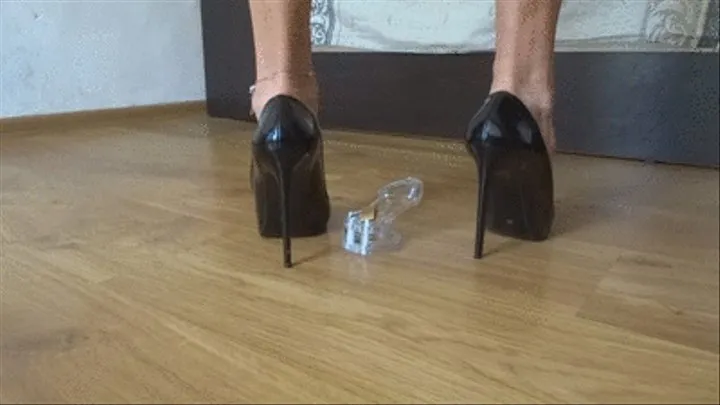 Playing with a cock cage chastity with my stiletto high heels - crushing penetrating with heel and shaking the keys on my ankles