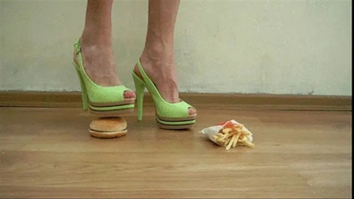 Crushing burger and fries with my slingbacks high heels