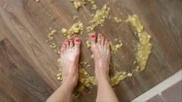 Banana puree smashing barefoot - POV view