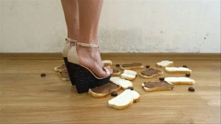 Crushing nutella sandwiches and chocolate candies with wedges high heels - including inshoe crushing, dangling and POV view crush