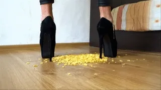 Crushing cornflakes with my black ankle 7.3 inch boots with crunchy sounds