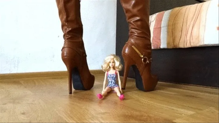 Smashing and trampling barbie doll with my brown knee high boots