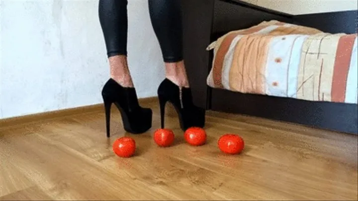 Crushing tomatoes with my black ankle 7.3 inch high heel boots