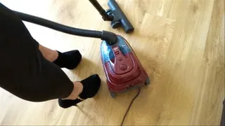 Vacuuming and cleaning the floor in very high 7.3 inch high heel ankle boots
