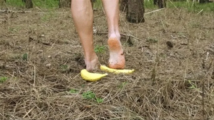 Smashing two bananas barefoot in the forest