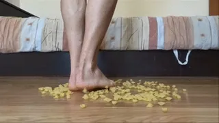 Crunching pasta under my feet on the floor - close view