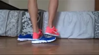 Crushing my friend's sneakers under my nike pink sneakers