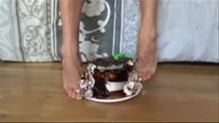 Crushing two cakes barefoot - front view(long version) plus bottom view of soles