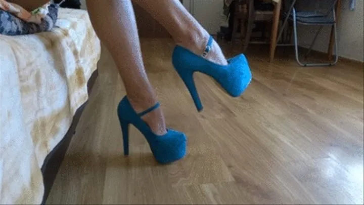 Shoe play dangling and walking showing my blue high heel pumps