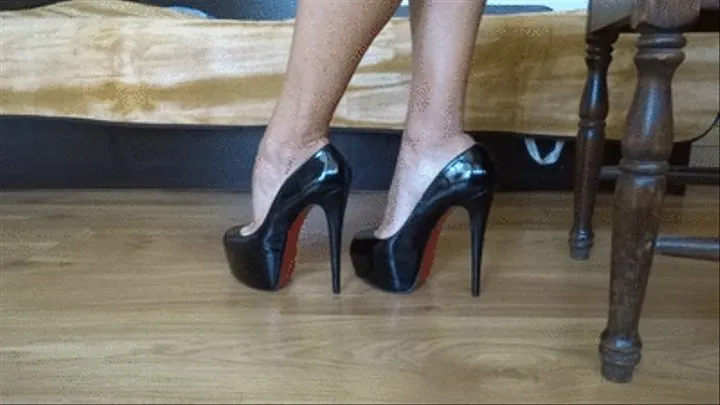 Dangling black red bottom patent leather pumps - side view plus shoeplay