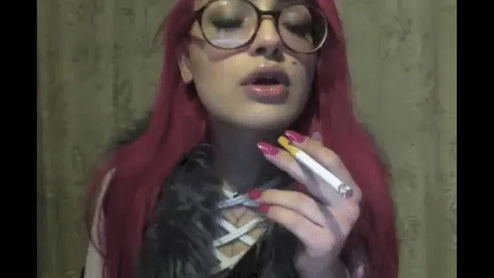 100s red Marlboro sexy smoking wearing fur and glasses