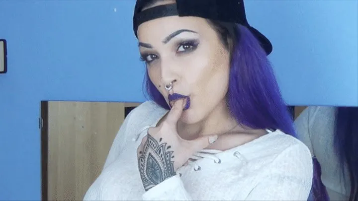 EVA LICKING HER FINGERS | | purple lipstick on