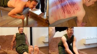 Russian Army punishments mix: back whipping, bastinado, calfs caning, hand palms spanking