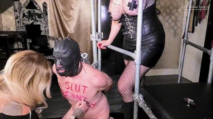 The humiliation canvas, a worthless piece of flesh that is subjected to Mistress Tess & Mistress Ava writing obscenities all over him in their lipstick, itself a huge honour!