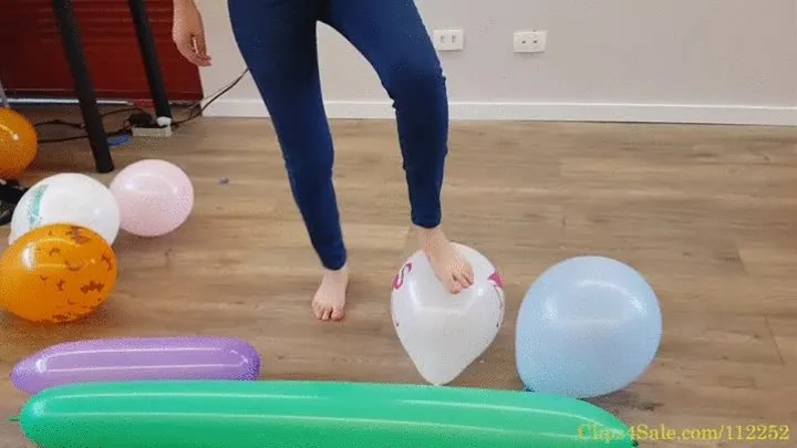 Alexa Barefoot Popping Lots of Balloons