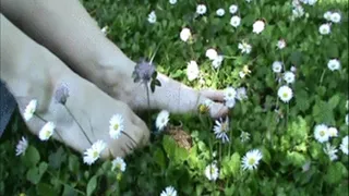 Girl feet playing with grass and flowers