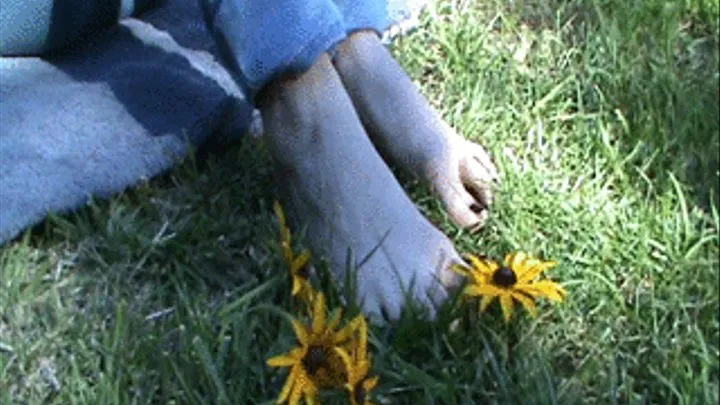 Tiny french girl feet crush and rub flowers on grass