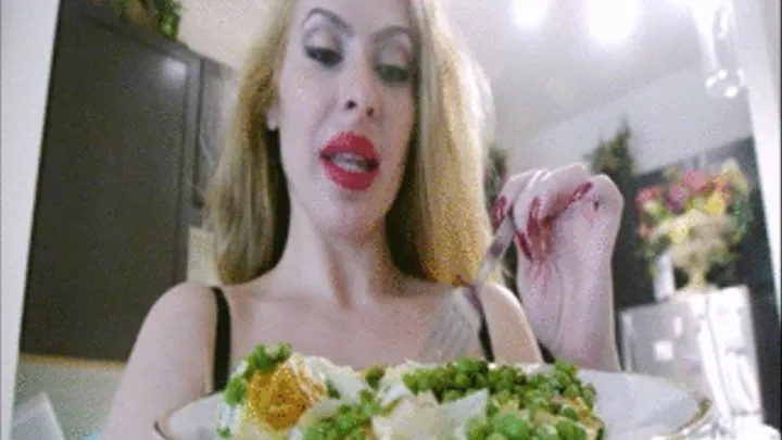 Goddess Luxuria eating green peas and eggs white