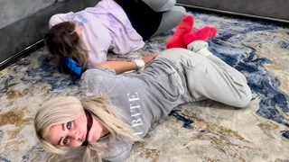 Hogtied Races Sisters Edition -Kody Evans races London Evans while hogtied in bondage rope and gag