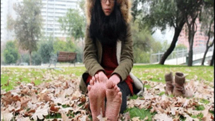 Girl barefoot in winter