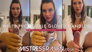 [963] White PVC Double Gloved Condom Handjob