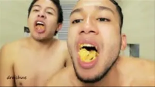 Eating potato chips with an open mouth