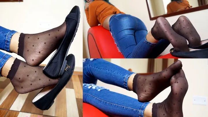 Alexandra FULL CLIP, jeans dangling flats and meaty feet in nylon socks!