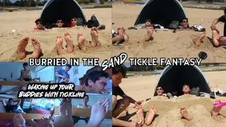 Tickling beach boy's soles burried in the sand - waking up your buddies with tickles