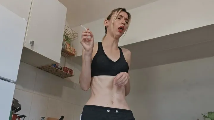 skinny girl belly twitching while coughing