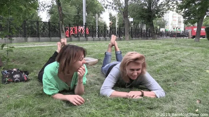 Eva and Maria show their mature and young feet in a public park (Part 6 of 6)