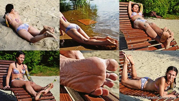Barefoot mature Olga shows wrinkled soles on a public beach (Full with 50% discount)