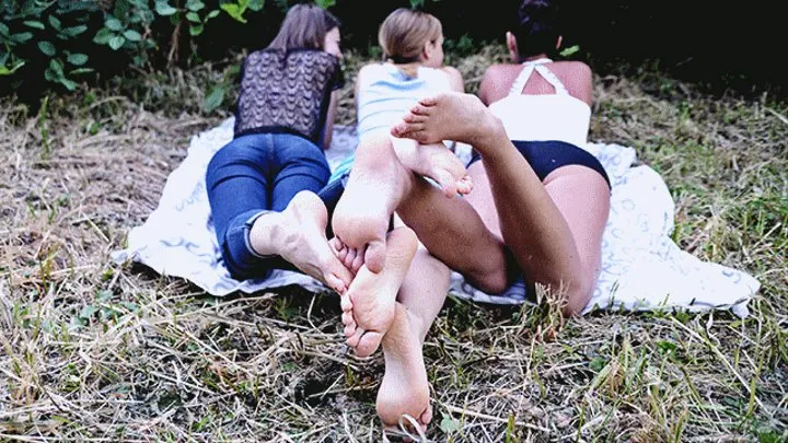 Three beauties Angelina, Elia and Olivia show their perfect soles in the park (Part 6 of 6)