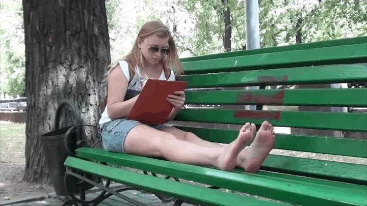 Stocky girl barefoot on the bench (Part 1)