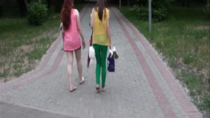 Bright friends walks barefoot in summer day (Part 3)