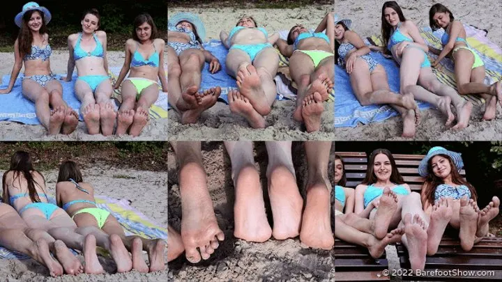 Catherine, Nina, and Valentina sunbathe on a public beach and show their flexible, delicate soles to others (Full with 40% discount) #20220528