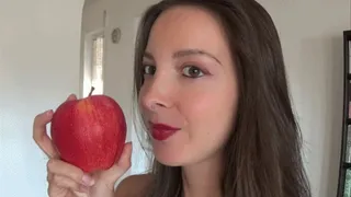 Teasing + eating Red Apple with lipstick