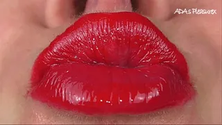 Close-up duck lips with glossy red lipstick