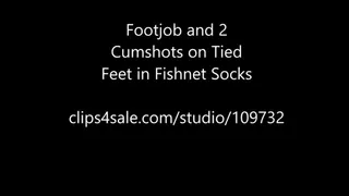 Footjob and 2 Cumshots on Tied Feet in Fishnet Socks