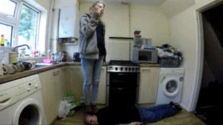 Chelsea's Head Standing In The Kitchen In Black High Heels