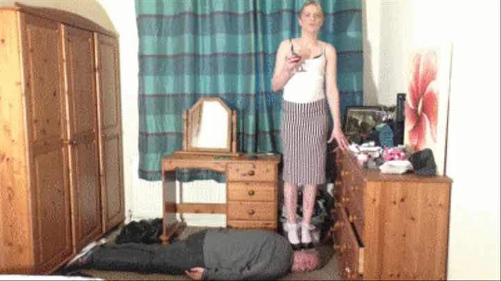 Classy Girl Stands On Her Slaves Head In Shiny Black High Heels With Frilly Socks Whilst Sipping