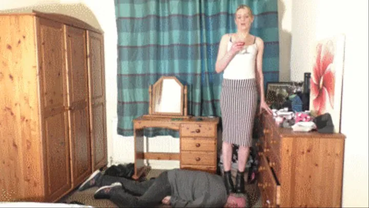 Classy Girl Stands On Her Slaves Head In Really Hard Boots Whilst Sipping