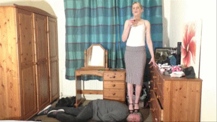 Classy Girl Stands On Her Slaves Head In Platform Metal Sole High Heel Shoes Whilst Sipping