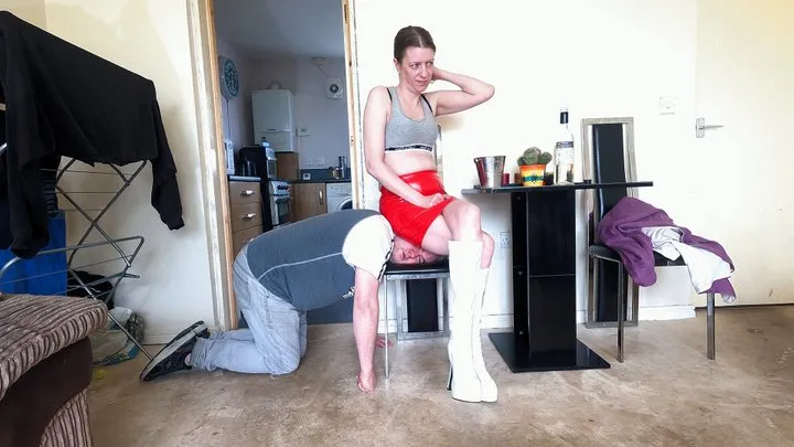 Sitting On His Head in A Red PVC Skirt