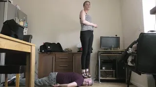 Smoking Chelsea Standing On Her Slaves Head With Hard Wedge Sandals
