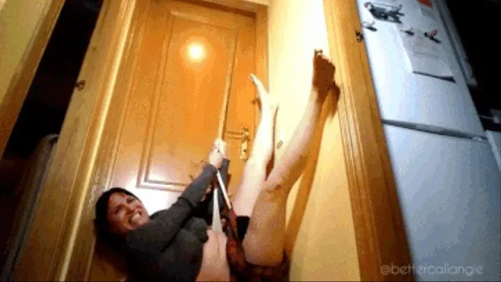 A Disciplinary Self Wedgie Hanging from the Leg Holes with a Rope from the Door, Suffering Face and Final Torn Panties