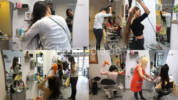 388 Barberette Yasemin, Zoya, Nathalie salon long hair blow dry session