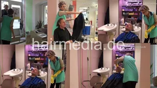 289 3 male customer strong backward shampooing by barberette in rollers and in rubber gloves