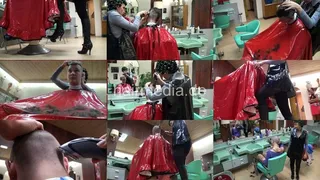 8064 Ilona 5 Buzz Haircut in rubber cape in old fashioned salon