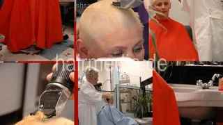 836 Catherine Buzz head shave in apron and capes barbershop