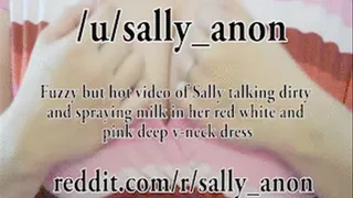 Fuzzy vid of Sally talking dirty and spraying milk in v-neck dress